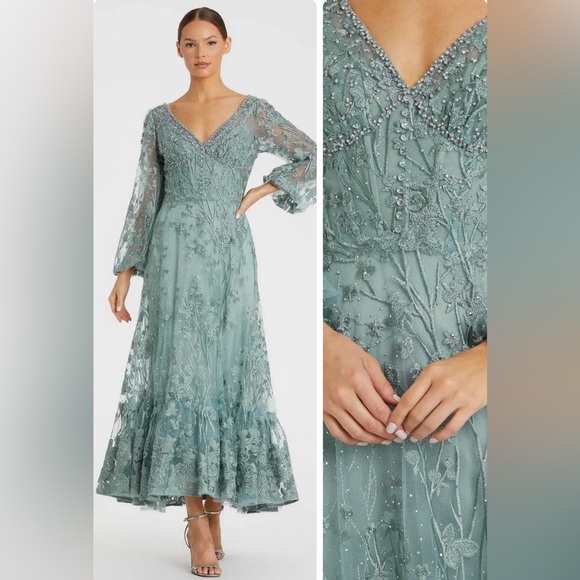 Mac Duggal 20512 Green Dress Size 16 V-Neck Embroidered A-Line Tea Length NWT - Picture 1 of 16